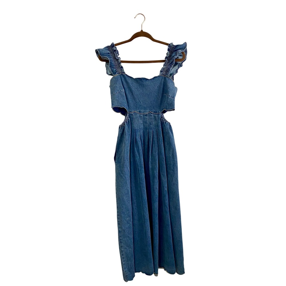 Sofie the Label Denim Scallop Cutout Midi Dress Coastal Boho Medium